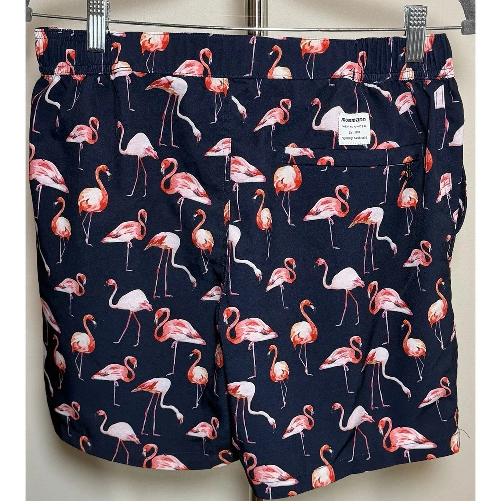 Mosmann Men's L Navy Pink Flamingo Swim Trunks Drawstring Elastic Waist Pockets